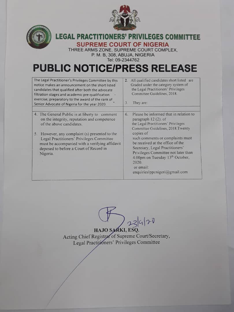 Prof. Owasonoye, Ojukwu, Akaraiwe, Obegolu, Idahosa, Awosika, Olajunju, Osigwe, Yahaya, others shortlisted for SAN rank