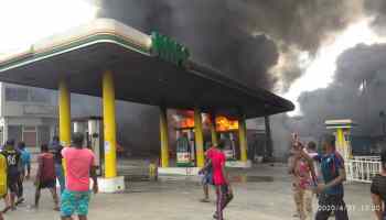 BREAKING: Petrol station on fire in Lagos as another building collapses