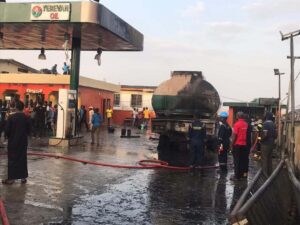 BREAKING: Petrol station on fire in Lagos as another building collapses
