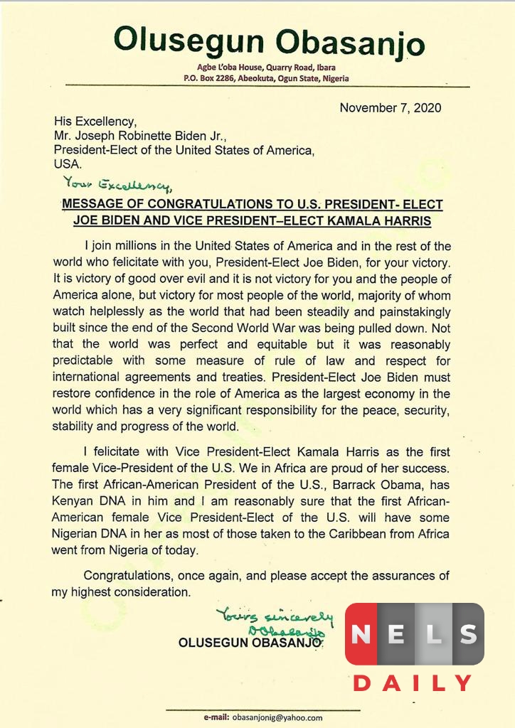 It’s victory of good over evil, Obasanjo congratulates Biden, Harris