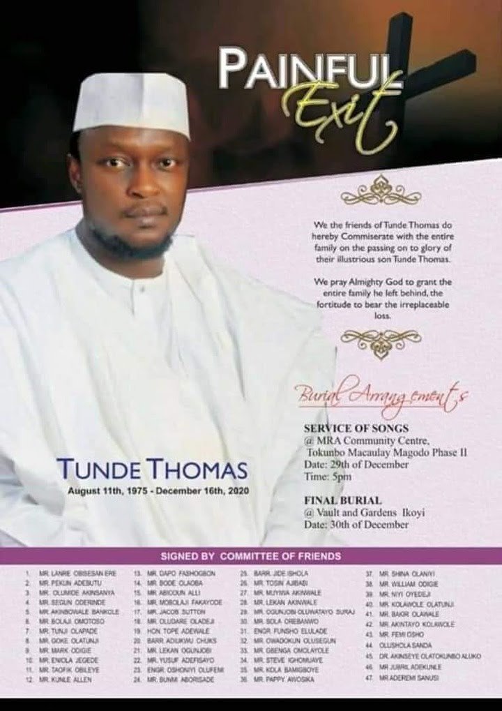 45 years old Tunde Thomas died after wife told him, her FCMB boss owns their two kids