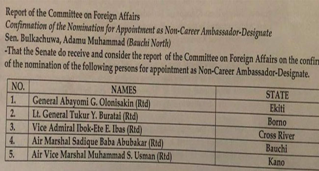 Senate confirms nomination of ex-Service Chiefs as ambassadors