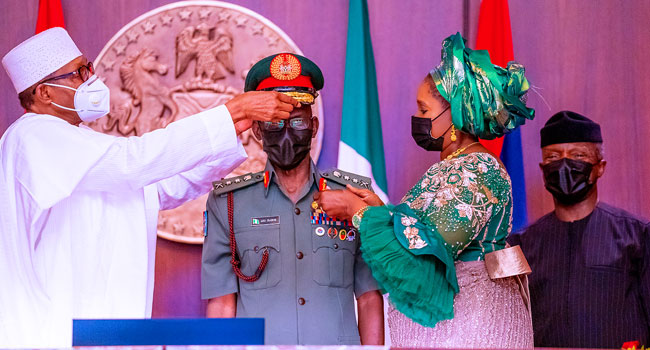 The new Service Chiefs decorated are, Major General Lucky Irabor, Chief of Defence Staff, who is decorated as full General; Major General Ibrahim Attahiru; Chief of Army Staff decorated with the rank of Lieutenant-General.  Also, the Chief of Naval Staff, Rear Admiral Awwal Zubairu Gambo is decorated as Vice Admiral; and the Chief of Air Staff, Air Vice Marshal Ishiaka Oladayo Amao is decorated with the rank of Air Marshal.