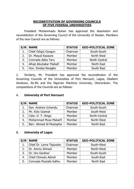 Buhari dissolves, reconstitutes Governing Councils of UI, UNILAG, three others
