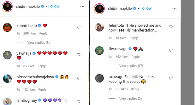 Fellow artists including Tiwa Savage, Niyola, Korede Bello, Lamboginny, Ehmmaohmygod also hailed Chidinma by dropping love emoji on the post where she made the announcement.