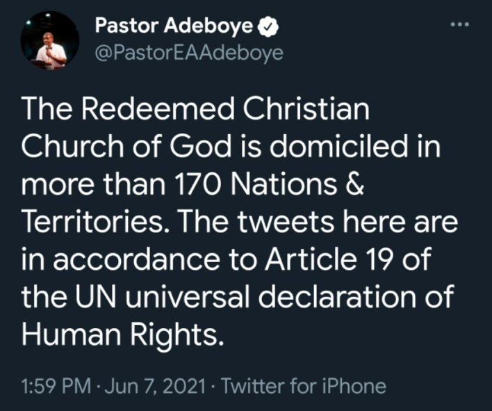 BREAKING: Pastor Adeboye speaks on Twitter Ban