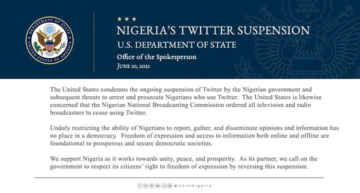 U.S. condemns ongoing Nigeria's Twitter ban