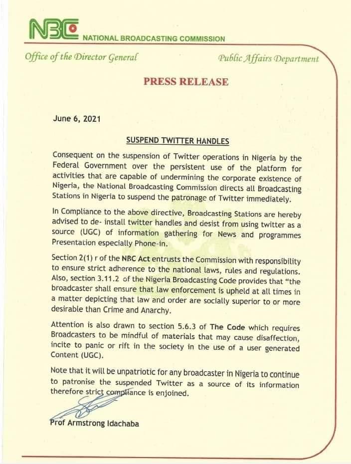 NBC directs all broadcasting stations in Nigeria to suspend Twitter usage