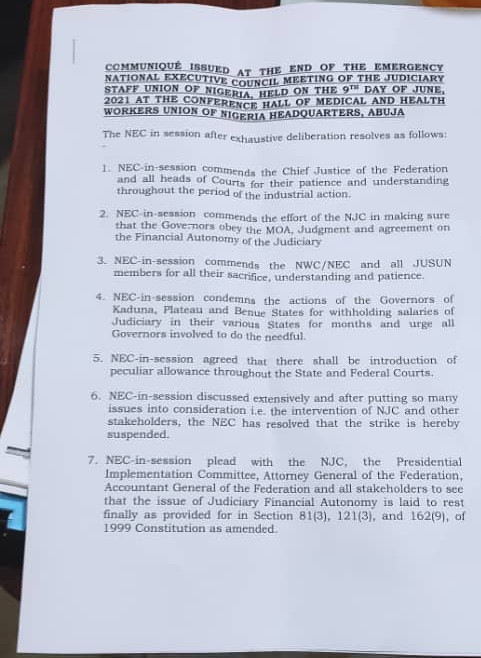 [BREAKING] Judicial Autonomy: JUSUN suspends strike
