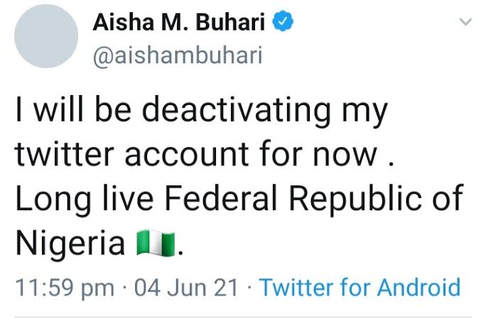 Twitter Ban: Aisha Buhari deactivates Twitter account