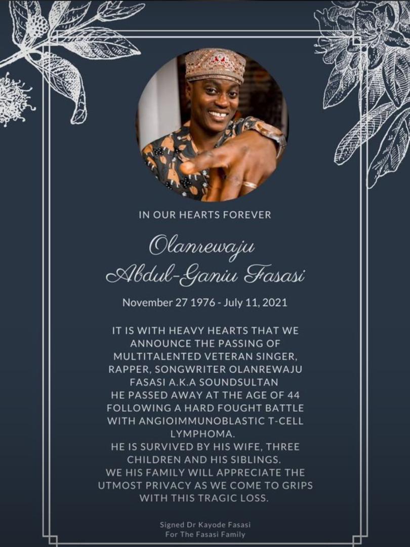 BREAKING: Music star, Sound Sultan is dead