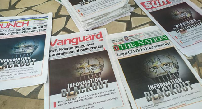 Nigeria Newspapers campaign against Media Bills by publishing "Information Blackout"
