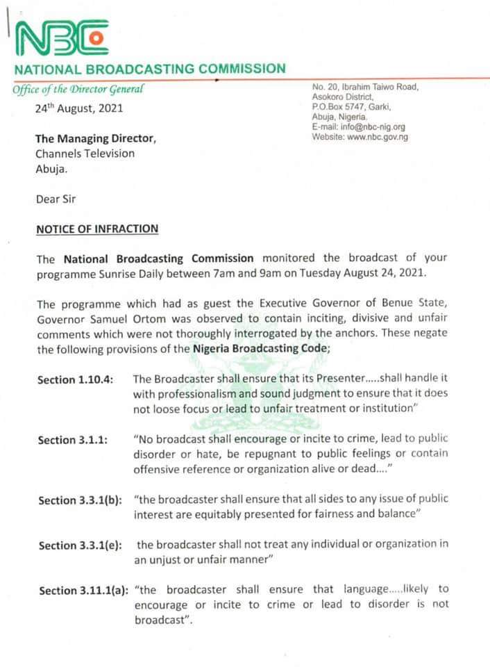 NBC queries Channels TV over Ortom interview