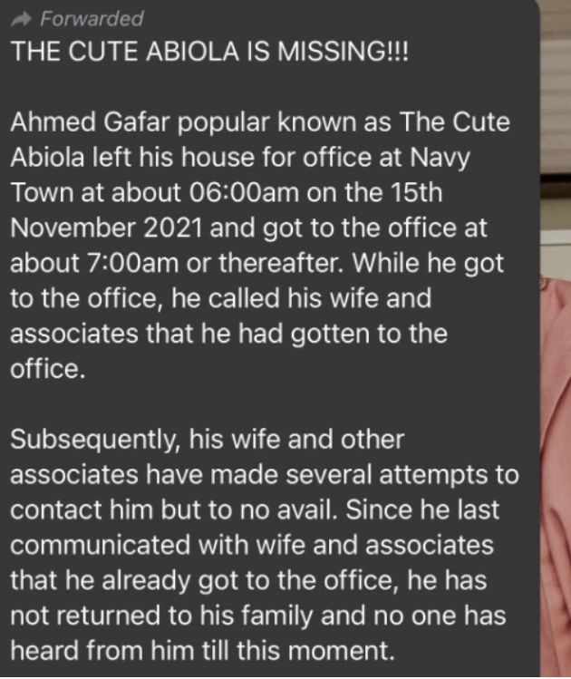 Nigerian comedian Cute Abiola declared missing