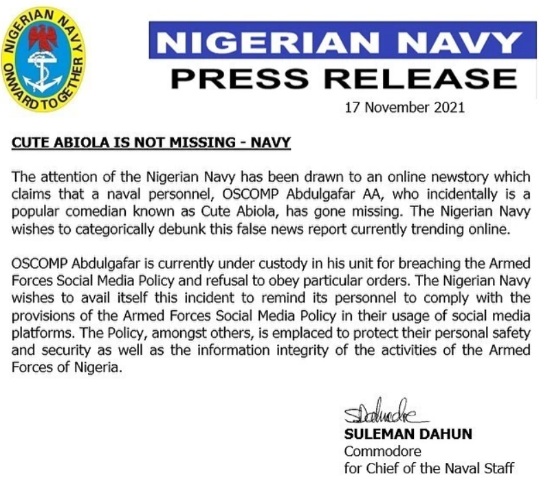 Comedian ‘Cute Abiola’ is in our custody – Nigerian Navy