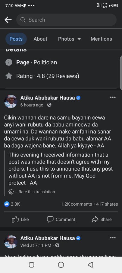 Alleged Blasphemy: Atiku distances self from deleted Facebook, Twitter posts