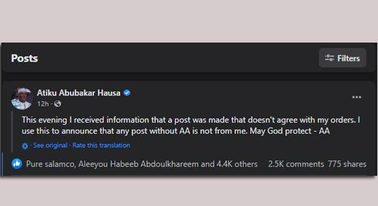 Alleged Blasphemy: Atiku distances self from deleted Facebook, Twitter posts