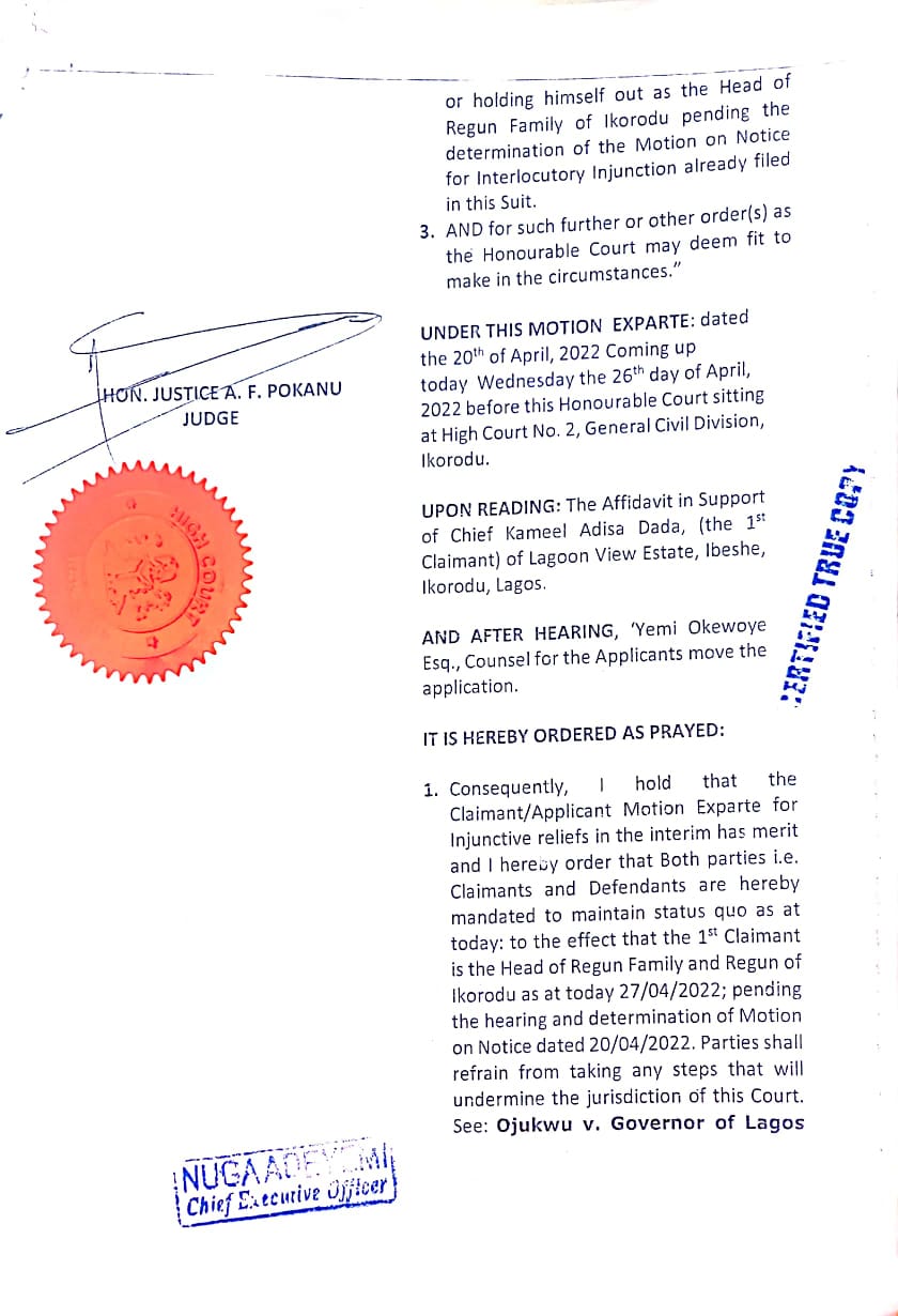 Court restrains Ayangbure of Ikorodu from removing Regun
