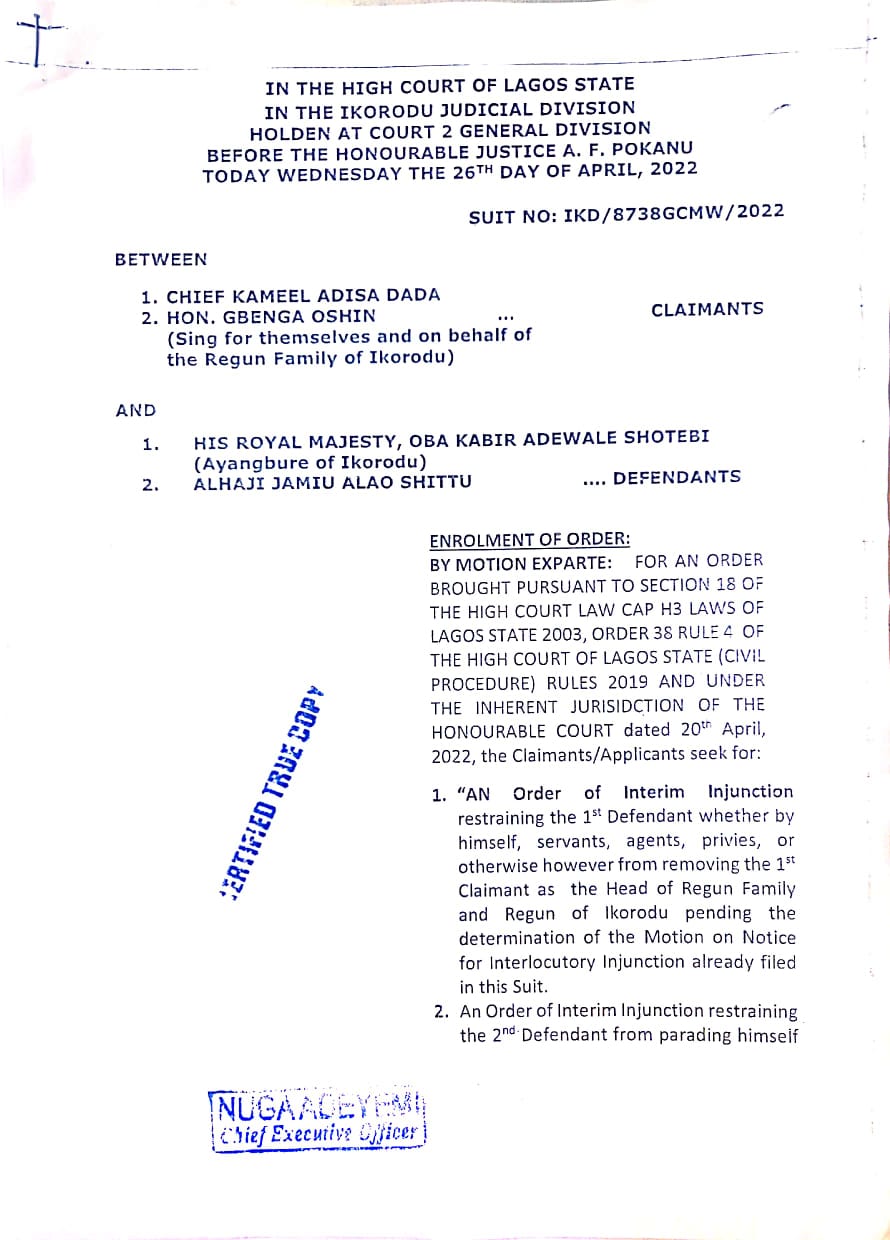 Court restrains Ayangbure of Ikorodu from removing Regun