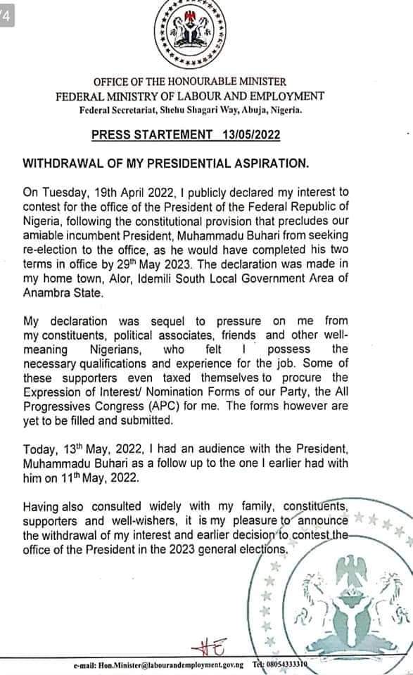 JUST IN: Ngige withdraws from presidential race