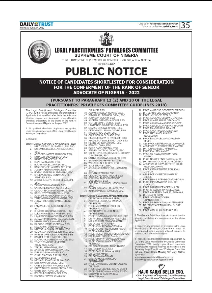 Foremost prosecutors of the Economic and Financial Crimes Commission (EFCC)  Rotimi Oyedepo and Wahab Shittu were among the 129 lawyers shortlisted by the Legal Practitioners’ Privileges Committee (LPPC) for the conferment of the rank of Senior Advocate of Nigeria (SAN) in 2022.