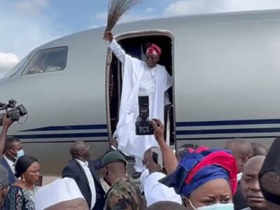 Tinubu arrives in Lagos after winning APC presidential ticket