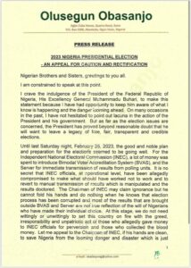 JUST IN: INEC compromised, election rigged, anarchy looming; Obasanjo writes Buhari, wants counting of result stopped
