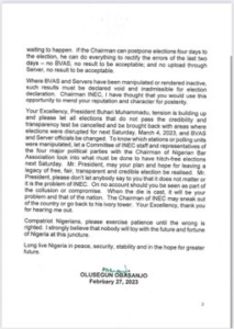 JUST IN: INEC compromised, election rigged, anarchy looming; Obasanjo writes Buhari, wants counting of result stopped