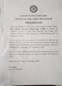 2023 General Elections: Lagos State Judiciary to work half day on eve of polls