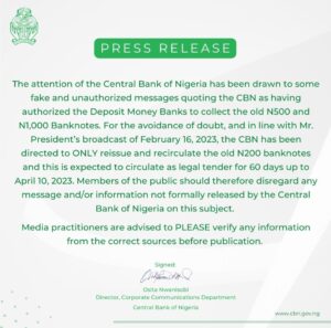 CBN denies directing nanks to collect old N500, N1,000 notes