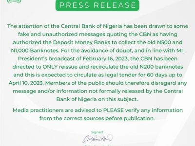CBN denies directing nanks to collect old N500, N1,000 notes
