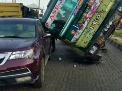 40-foot container crushes car in Lagos