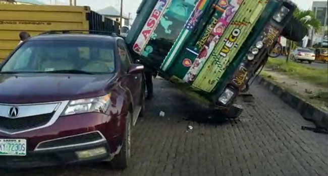 40-foot container crushes car in Lagos