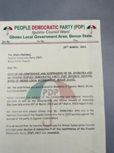 They also alleged that the PDP chieftain did not vote during the governorship and state assembly elections held on the 18th of March, 2023.

According to them, most of Ayu’s closest allies worked for the opposition All Progressive Congress (APC) which resulted in the abysmal performance of the PDP in Igyorov Ward.

The ward chairman of Igyorov, Kashi Philip, also signed the letter alongside the exco.

